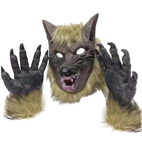 AOpghY Werwolf Maske Holloween Werwolf Kostüm Realistische Wolf Maske ＆ 1 Paar Pfotenhandschuhe weiche ＆ hautfreundliche gruselige Maske mit belüfteten Löchern Masquerade Dress -up -Vorräte von AOpghY