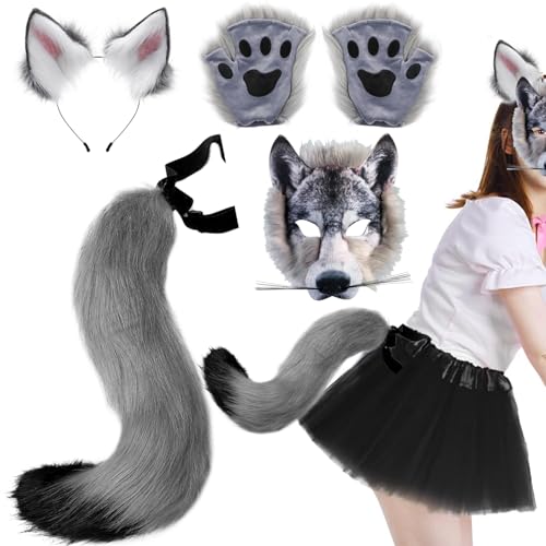 AOpghY Wolf Maske mit Wolfspaws & Wolf Ohren und Schwanz -Set Realistic Pelry Wolf Kostüm DIY Kostüme für Halloween Masquerade Cosplay -Urlaubskostüme und Dress -up -Vorräte von AOpghY