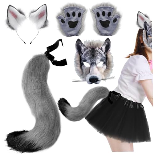 AOpghY Wolf Maske mit Wolfspaws & Wolf Ohren und Schwanzsatz realistische pelzige Wolf Kostüm DIY Dekorative Kostüme Festliche Masquerade Dress endet von AOpghY