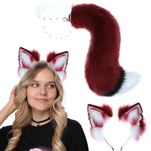 AOpghY Wolf Ohren und Heckplüschstoff Wein rot mit eingebauten Skelett Cosplay Kopfbedeckung Fuchs Kostüm Stall Fuchs Ohren und Schwanzset Propt Play Supplies von AOpghY