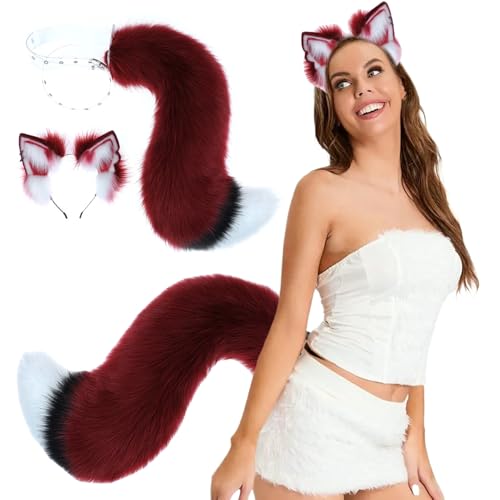 AOpghY Wolf Ohren und Schwanzset, pelzige Kunstpelze Plüsch Fuchs Ohren und Schwanzsatz, Einstellbarer Therian -Schwanz für Halloween Cosplay Party Kostümzubehör Cosplay Partyzubehör von AOpghY