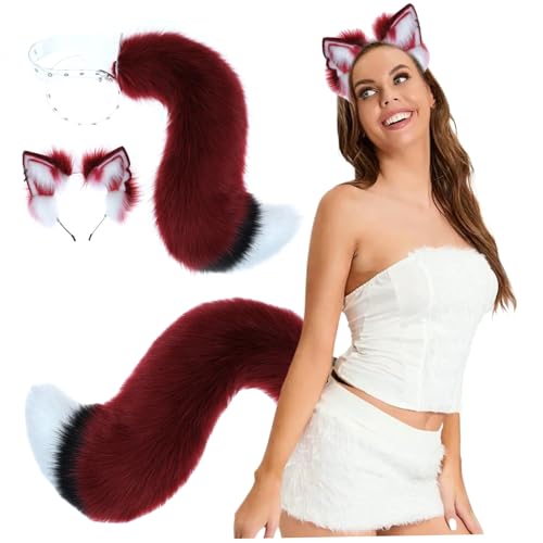 AOpghY Wolf Ohren und Schwanzset, pelzige Kunstpelze Plüsch Fuchs Ohren und Schwanzsatz, Einstellbarer Therian Tail für Halloween Cosplay -Party -Kostümzubehör Festive Masquerade Dress -up Vorräte von AOpghY