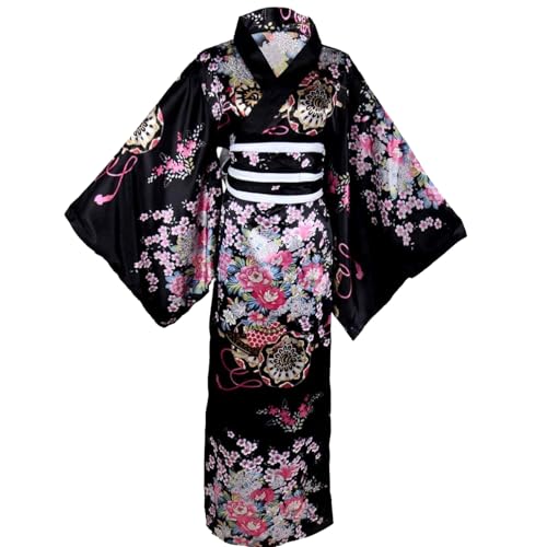 AOpghY Yukata für Damen, japanischer Kimono mit Blumenmuster, seidig, bequem, mit Kimono-Gürtel, traditioneller Kyoto-Blüten-Kimono-Robe (schwarz), Verkleidungszubehör für Festliche Maskenbälle von AOpghY