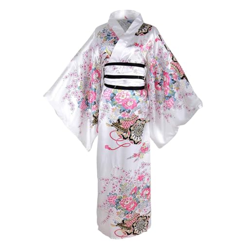 AOpghY Yukata für Damen, japanischer Kimono mit Blumenmuster, seidig, bequem, mit Kimono-Gürtel, traditioneller Kyoto-Blüten-Kimono-Robe (weiß), Verkleidungszubehör für Festliche Maskenbälle von AOpghY