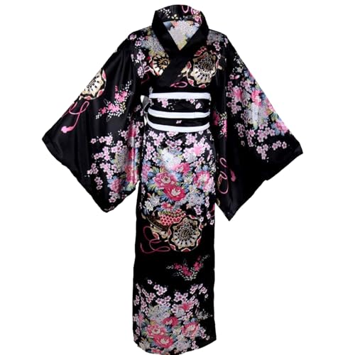 AOpghY Yukata für Frauen Blumenmuster Japanisch Kimono Silky mit Kimono -Gürtel Kyoto Traditionelle Blüte Kimono Roben für Party, Cosplay, Requisiten (schwarz) Dress Up und tun zu tun, von AOpghY