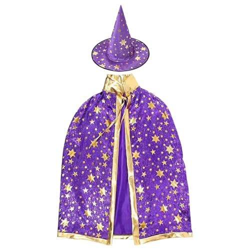 AOpghY Zauberer Kostüm für Kinder Wizard Cloak und Wizard Hat Set mit Star Print 31.5 EIN-Größe-Kap, Halloween-Kostüme Outfits für Jungen, Mädchenanzug für 35,5-55 Höhen-Zaubererkostüm von AOpghY