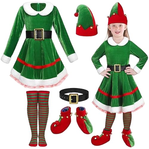 Elf -Kostüm für Kinder 1 Set niedliche klassische Mädchen Elf Kostüm Beinhaltet Hut, verstellbares Gürtel, Kleid, Socken und Schuhe Samt Elf Kostüm mit Bell -Charme, lou -vor- und anziehen Vorräte von AOpghY