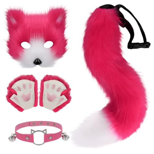 Fox Kostüm Realistisches Rosenrot -Pelzkostüm umfasst Fox -Maske, Fox Tail, Fox Paws & Kragen für Frauen süßes Therian Kostüm zum Anziehen, Maskerade -Masken von AOpghY