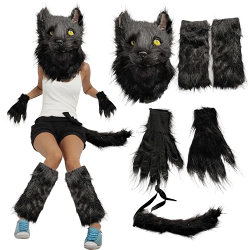 Halloween schwarzer Katzenkostüm für erwachsene Frauen mit pelziger Katzenmaske, Katzenpfotenhandschuhe, Katzenschwanz- und Beinwärmer Fuchs Wolf Pelzige Kostüm für Cosplay -Party -Requisiten Masken von AOpghY