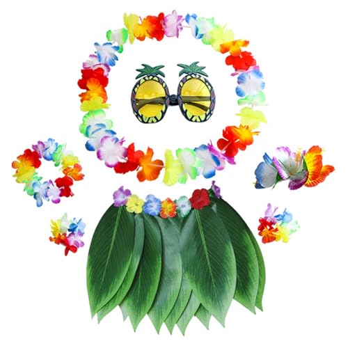 Hula -Blattrock mit Blume Leis, 7pcs/set hawaiianischer Grasrock mit Ananas -Sonnenbrille, Haarclip, Halskette, Haarband und Armband, Luau -Outfits tun Play Supplies von AOpghY