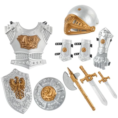 Knight Costume Kids 10pcs/Set Simulierte mittelalterliche Ritterpanzerung umfasst Helm, Schild, Schwerter, Axt und mehr Kinder, die Kostüme verkleiden und vorstellen, Waren zu geben von AOpghY