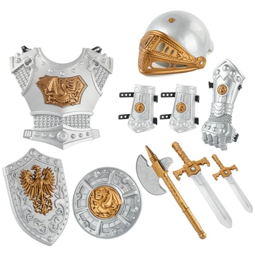 Knight Costume Kids 10pcs/Set Simulierte mittelalterliche Ritterpanzerung umfasst Helm, Schild, Schwerter, Axt und weitere Kinder Kleid Kostüme Urlaub Kostüme und Kleidermaterial von AOpghY