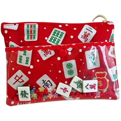 Make -up -Tasche Mahjong Muster Dual -Layer -Kosmetikbeutel mit Mahjong -Ornamenten Reißverschlüsse Baumwolltuchmünze Geldbörse 8x6inch Telefontasche für Frauen, rot für Schönheit von AOpghY