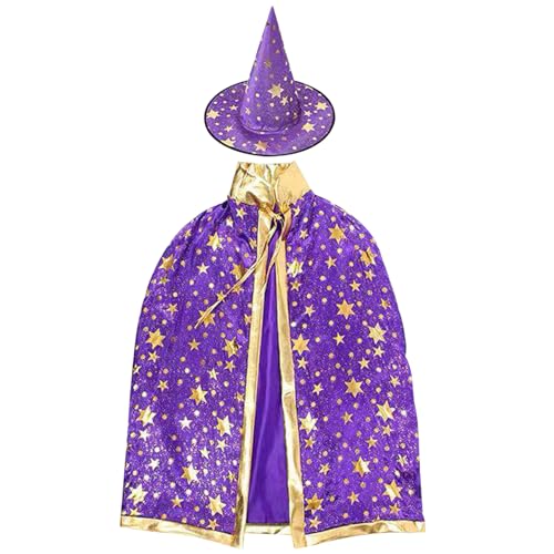 Zauberer Kostüm für Kinder Wizard Umhang und Zauberer Hat Set mit Star Print 31.5 EIN-Größe Cape, Halloween Kostüme Rollenspiele Outfits Anzug für 35.5-55 Höhenfest Masquerade Dress Supplies von AOpghY