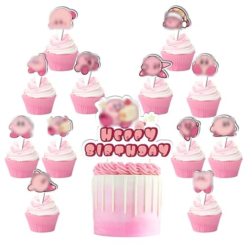 APDDHJ 13 Stück Stern Kirby Geburtstag Party Dekorationen Kirby Star Gaming Themed Party Supplies mit Kirby Cake Topper Cupcake Topper für Kinder Geburtstag Party Dekoration von APDDHJ