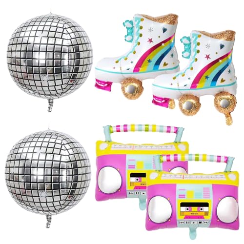 APDDHJ 6 Stück Regenbogen Roller Skate Disco Ball Ballons Boombox Ballon 22 Zoll Folienballons 80er 90er Retro Ballon für Disco Tanzparty Hip Hop Thema Geburtstagsfeier von APDDHJ