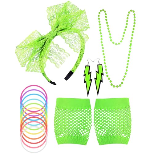 APDDHJ 80er Jahre Kostüm Zubehör für Damen, Perlenkette Schleife Stirnband Fischnetz Handschuhe Armband Ohrringe Neon Set für 1980er Jahre Retro Mottoparty von APDDHJ