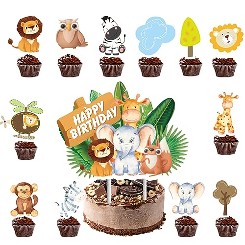 APDDHJ Dschungeltier-Kuchenaufsatz Dschungeltiere Happy Birthday Kuchendekoration Wildwald-Thema Löwe Elefant Affe Kuchen Picks für Babyparty, Geburtstag, Party, Dekorationen von APDDHJ