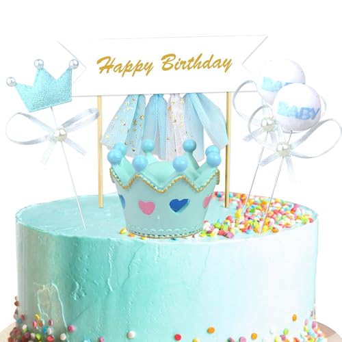 APDDHJ Geburtstag Kuchen Dekoration, LED Lichter Ornament Blau Krone Prinzessin Kuchen Dekoration Set für Jungen und Mädchen Geburtstag Party Supplies Geburtstag Kuchen Dekoration von APDDHJ