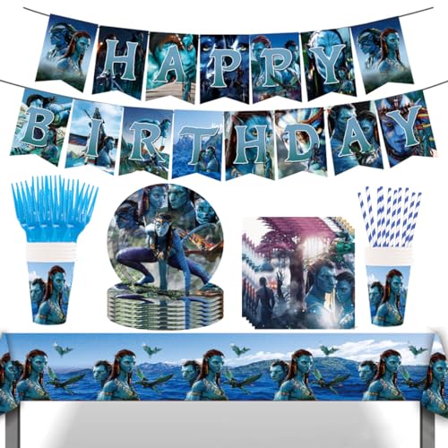 Avatar Partygeschirr Avatar Geburtstag Party Supplies APDDHJ 62pcs Avatar Dekoration Set Einschließlich Banner Teller Pappbecher Servietten Strohhalme Tischdecke Kinder Avatar Geburtstag Party von APDDHJ