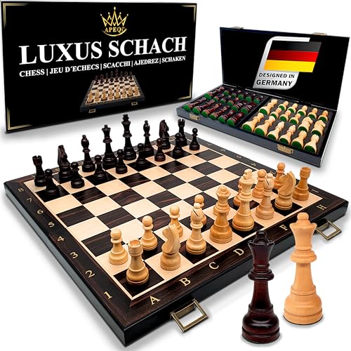 APEQi® Luxus Schach - großes Schachspiel Holz HOCHWERTIG - Massivholz, 54x54cm, 2 EXTRA-Damen, Geschenkidee - edles Schachbrett Holz mit 34 gewichteten Schachfiguren - klappbares Chess Board von APEQi