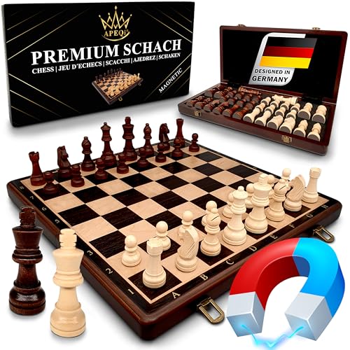 APEQi® Premium Schach MAGNETISCH - Schachspiel Holz HOCHWERTIG - Massivholz, 38x38cm, 2 EXTRA-Damen, Geschenkidee - edles Schachbrett Holz hochwertig - klappbares Chess Board mit 34 Schachfiguren von APEQi