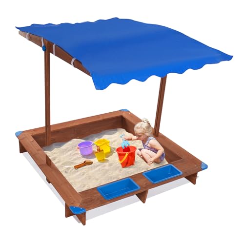 Holzsandkasten mit Abdeckung, Kindersandkasten, Sandkästen für den Garten,Sandkasten mit Dach 126x121x118cm, Bodenvlies gegen Unkraut und Ungeziefer - Sandkasten mit (Blau) von APETX