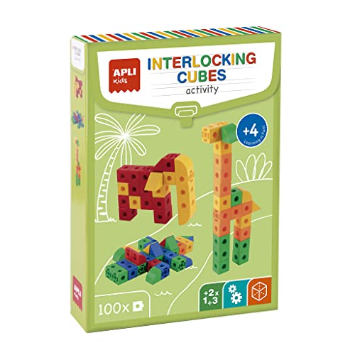 APLI Kids 19161 - Interlocking Cubes Baukasten - 100 Teile zum Bauen von Fahrzeugen, Tieren und Charakteren - inklusive 8 Spielsteine mit Beispielen von APLI Kids