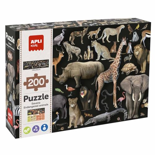 APLI Kids 19697 Lernpuzzle, bedrohte Tiere, Savanne, 200 Teile, Größe 6 x 3 cm von APLI Kids