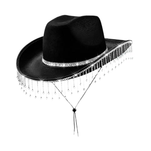 APLVFFZH Damen Cowboyhut Trendy mit Strass Fransen Kostüm Accessoire Cowgirl Hut, Schwarz von APLVFFZH