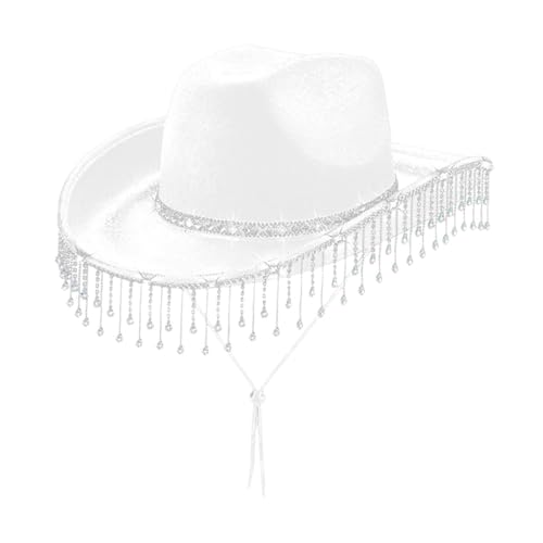 APLVFFZH Damen Cowboyhut Trendy mit Strass Fransen Kostüm Accessoire Cowgirl Hut, Weiß von APLVFFZH