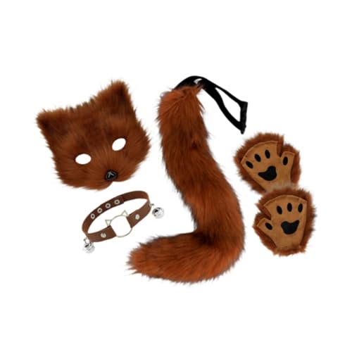 APLVFFZH Halloween-Gesichtsmaske, süßes Tierhalsband und Schwanz-Set, für Halloween-Partykostüm, Rotbraun von APLVFFZH