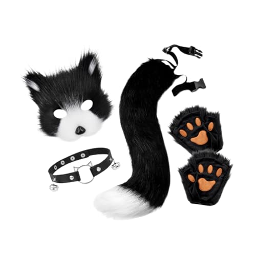 APLVFFZH Halloween-Gesichtsmaske, süßes Tierhalsband und Schwanz-Set, für Halloween-Partykostüm, Schwarz-Weiss von APLVFFZH