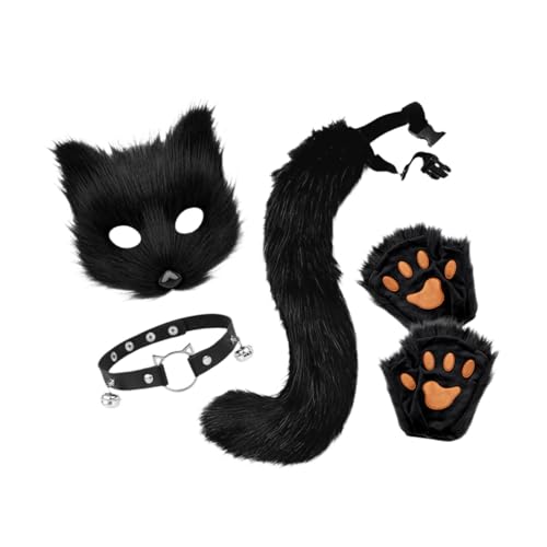 APLVFFZH Halloween-Gesichtsmaske, süßes Tierhalsband und Schwanz-Set, für Halloween-Partykostüm, Schwarz von APLVFFZH