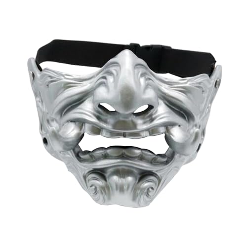 APLVFFZH Kopf Grimasse Maske, Samurai Halbgesichtsmaske, 3D Realistische, Kreative Japanische Grimasse Maske, Gruselige Kopfmaske für Shows, Verkleidungen, Silber von APLVFFZH