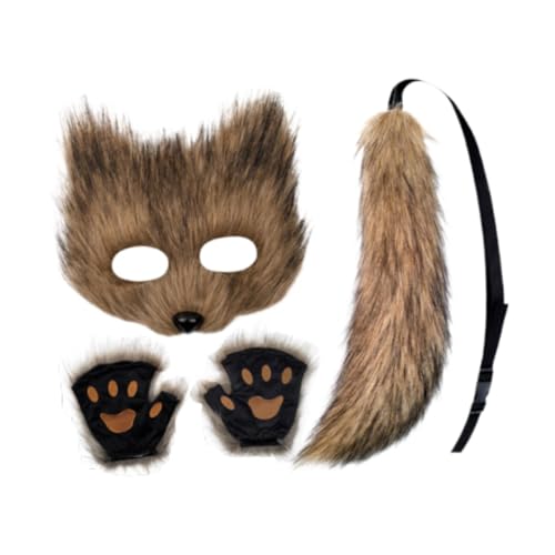 APLVFFZH Tiermaske und Schwanz-Set, Maskenmaske mit Handschuhen für den Abschlussball, Halloween-Party, Braun von APLVFFZH