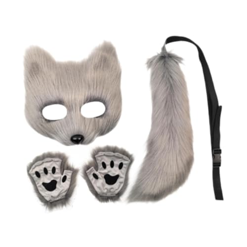 APLVFFZH Tiermaske und Schwanz-Set, Maskenmaske mit Handschuhen für den Abschlussball, Halloween-Party, Hellgrau von APLVFFZH