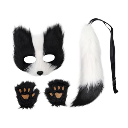 APLVFFZH Tiermaske und Schwanz-Set, Maskenmaske mit Handschuhen für den Abschlussball, Halloween-Party, Mittelweiß von APLVFFZH