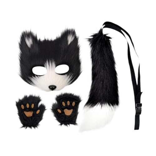 APLVFFZH Tiermaske und Schwanz-Set, Maskenmaske mit Handschuhen für den Abschlussball, Halloween-Party, Schwarz-Weiss von APLVFFZH