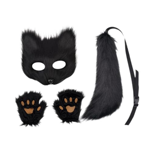 APLVFFZH Tiermaske und Schwanz-Set, Maskenmaske mit Handschuhen für den Abschlussball, Halloween-Party, Schwarz von APLVFFZH