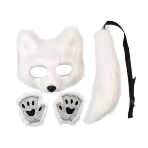 APLVFFZH Tiermaske und Schwanz-Set, Maskenmaske mit Handschuhen für den Abschlussball, Halloween-Party, Weiß von APLVFFZH