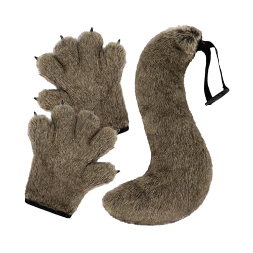 APLVFFZH Wolfspfoten Handschuhe Und Schwanz Set für Halloween Feiern, Grasgelb von APLVFFZH