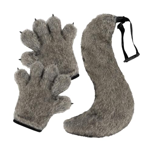 APLVFFZH Wolfspfoten Handschuhe Und Schwanz Set für Halloween Feiern, Grau von APLVFFZH