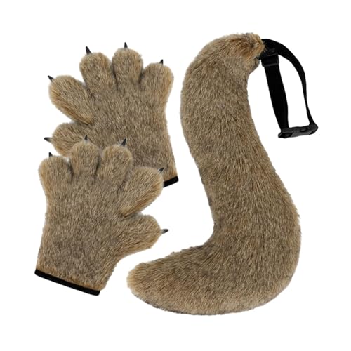 APLVFFZH Wolfspfoten Handschuhe Und Schwanz Set für Halloween Feiern, Hellbraun von APLVFFZH