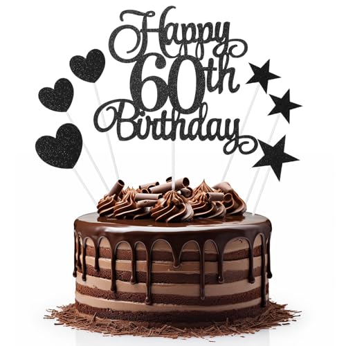 60 Geburtstag Kuchendekoration, 7 Stück Schwarz Happy 60th Birthday Cake Toppers mit Herz Stern Cupcake Picks, 60th Happy Birthday Schild für Kuchen, Glitzer Cupcake Topper 60 Geburtstag Party von APLZGMG