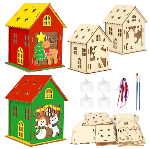 APODESS 4SET Wichtelhaus Bausatz Holz Teelichthalter Weihnachtshaus Bastelset Weihnachten House Wichtel Haus basteln Weihnachts Kinder Weihnachtsdeko zur Weihnachtsbaum Hängendsdeko von APODESS