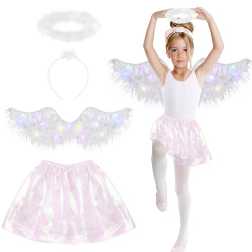 APODESS 3TLG Engel Kostüm Kinder Engelsflügel Weiß Haarreif Engelskostüm Led Flügel Engel Accessoires Kleid Mädchen Flying Feenflügel für Halloween Karneval Cosplay Fasching Kostümparty Verkleidung von APODESS