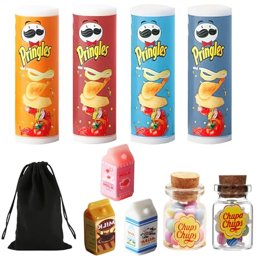 APOMOONS Miniatur Essen und Trinken, Miniatur Puppenhaus Zubehör Küche Milch Lutscherglas Bonbonglas Kartoffelchips Kartoffelchipglas 1/12 Miniatur Lebensmittel Set Mini Food Miniatur Deko von APOMOONS