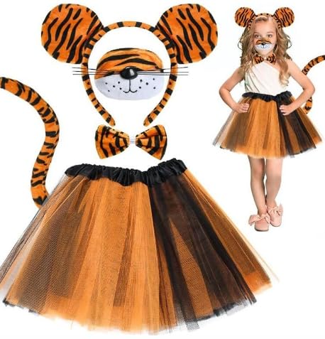 APPCRFM 5 Stück Tiger Kostüm,Tierkostüm-Set, Tiger Ohr Stirnband Schwanz Nase Fliege Tutu Rock Set, für Tierkostüm Cosplay Geburtstagsparty Zubehör Halloween Kostüm Kostüm Partyzubehör von APPCRFM