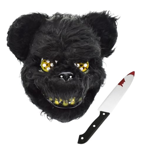 APPCRFM Halloween Gruselige Bär Maske 2pcs Schwarz Plüsch Blutige Bär Maske Messer blutiger bär Maske Tierfoto Requisiten Für Cosplay Kostümparty Horror Tier Maske Dämonenmaske von APPCRFM